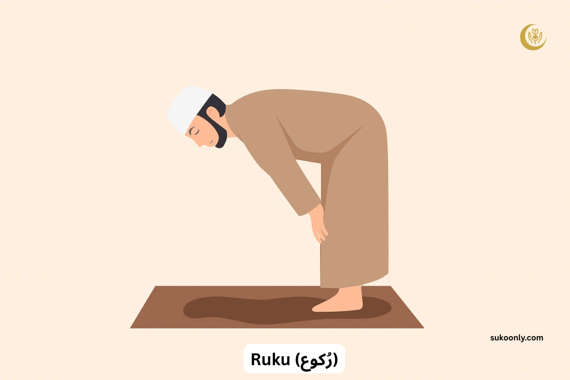Muslim man performing Ruku by bowing with hands on knees during Salah