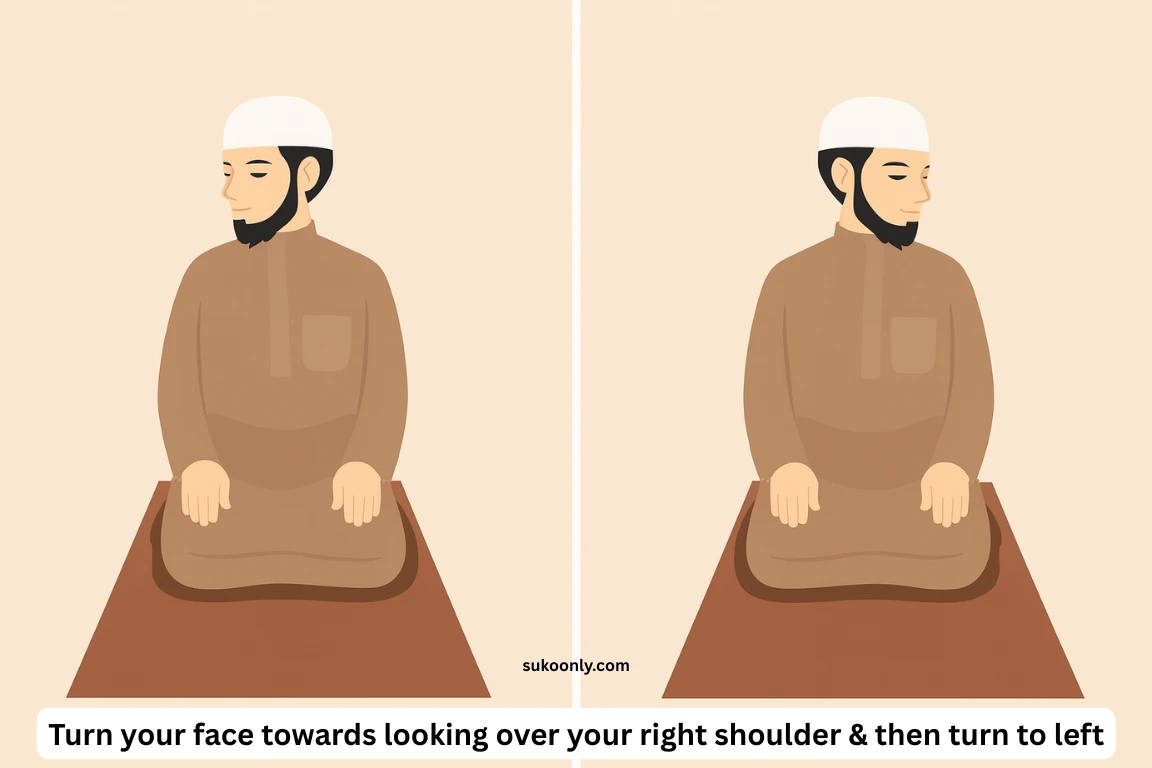 Muslim man performing Tasleem to end Salah by turning head to the right and left